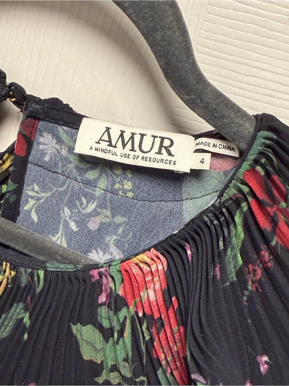 AMUR Black Pleated Top with Red and Green Floral Print - Picture 4 of 5